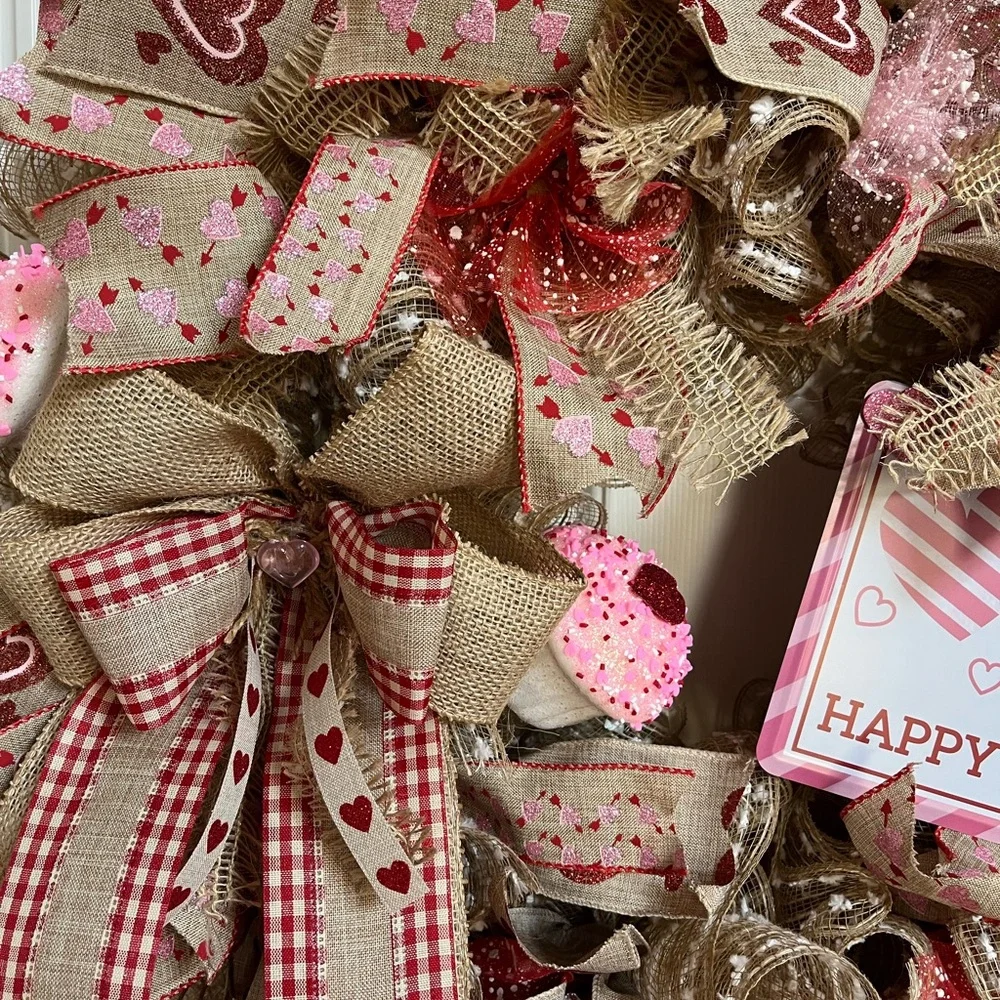 HUGE Valentines Day Wreath 28” Burlap Farmhouse Rustic Pink Red Hearts XLARGE